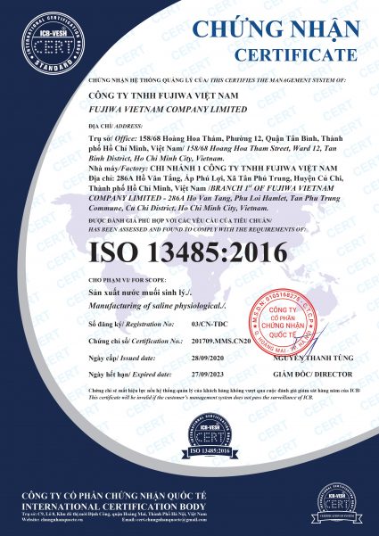 GIẤY CHỨNG NHẬN HỆ THỐNG QUẢN LÝ ISO 13485 2016