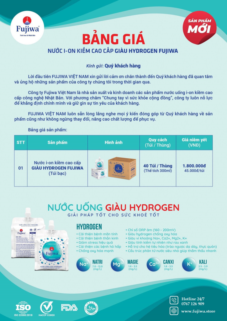 nước uống i on kiềm giàu hydrogen fujiwa – dạng túi 300ml (1 hộp/ 10 túi)