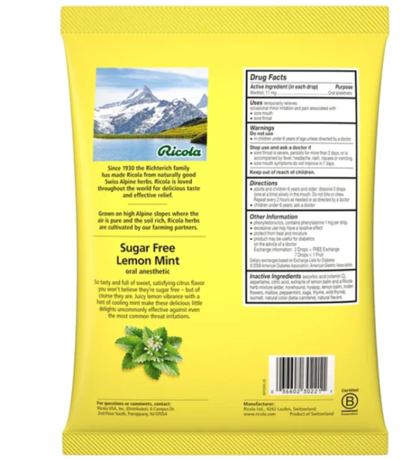 (viÊm hỌng) usa kẹo ngậm giảm đau họng, ho thảo mộc ricola sugar free lemon mint (hộp 2 túi x 105 viên)