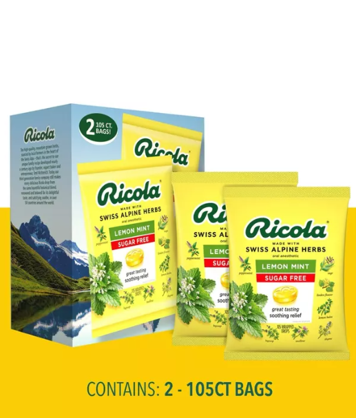 (viÊm hỌng) usa kẹo ngậm giảm đau họng, ho thảo mộc ricola sugar free lemon mint (hộp 2 túi x 105 viên)