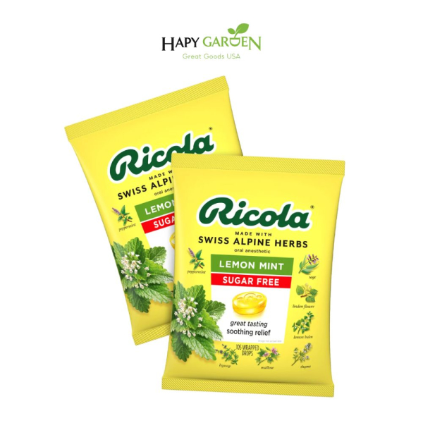 (viÊm hỌng) usa kẹo ngậm giảm đau họng, ho thảo mộc ricola sugar free lemon mint (hộp 2 túi x 105 viên)