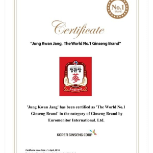 Chứng nhận đạt chuẩn Hồng sâm KGC Jung Kwan Jang